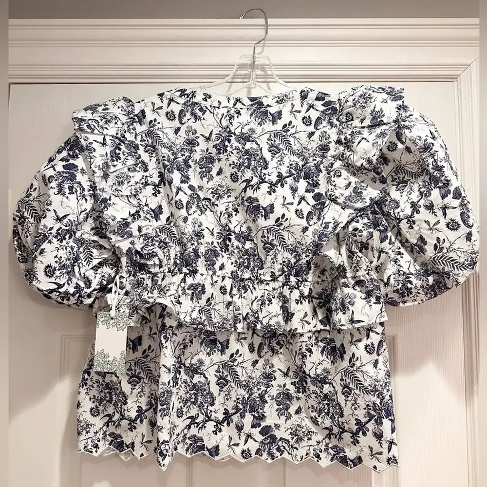 Hyacinth House Nadia Blouse Blue Floral Tuckernuck Puff Sleeve LARGE Top NWT - Picture 5 of 14